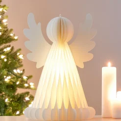 Ange lumineux à piles 6 LED (H50 cm) Papier fermeture magnétique Blanc