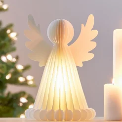 Ange lumineux à piles 6 LED (H28 cm) Papier fermeture magnétique Blanc
