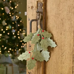 Branche à suspendre en feutrine (H28 cm) Houx de Noël et baies Rouge