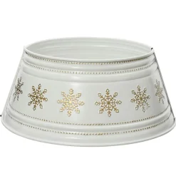 Cache pied de sapin en métal (D57 cm) Blanc et Flocons dorés