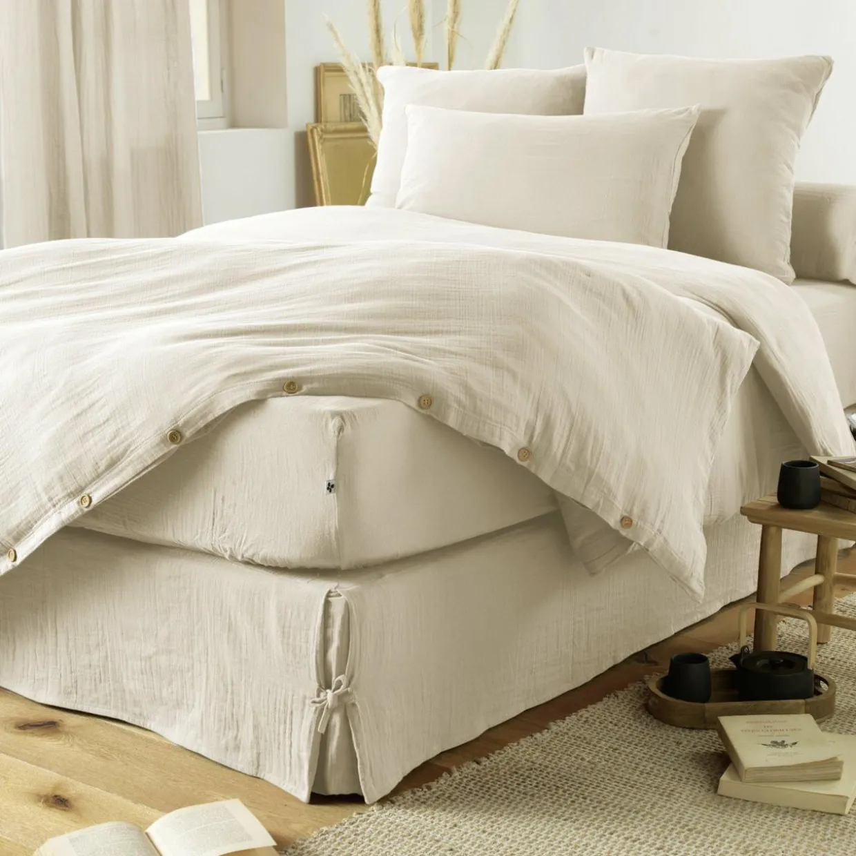 Cache-sommier Gaze de coton (160 x 200 cm) Gaïa Beige pampa