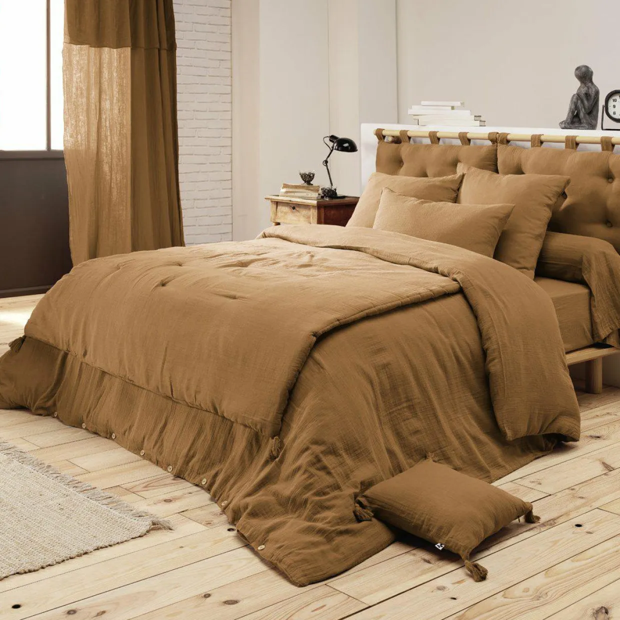 Cache-sommier Gaze de coton (160 x 200 cm) Gaïa Camel