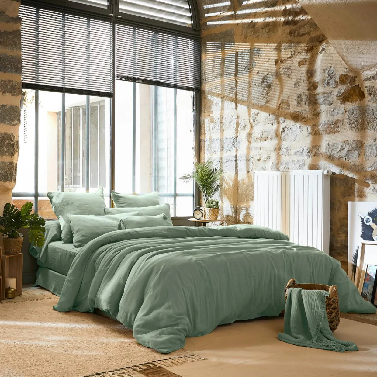 Cache-sommier Gaze de coton (180 x 200 cm) Gaïa Vert eucalyptus