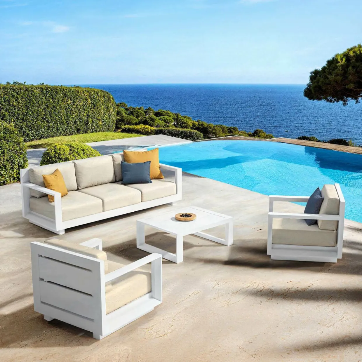 Canapé de jardin en aluminium 3 places Elba Blanc et beige