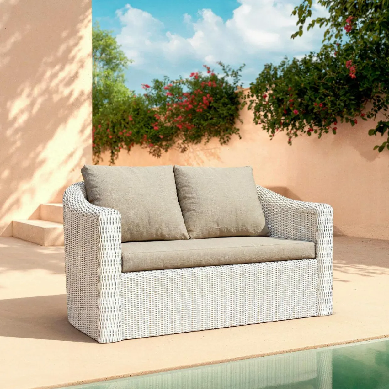 Canapé de jardin en résine tressée 2 places Calvi Blanc et taupe