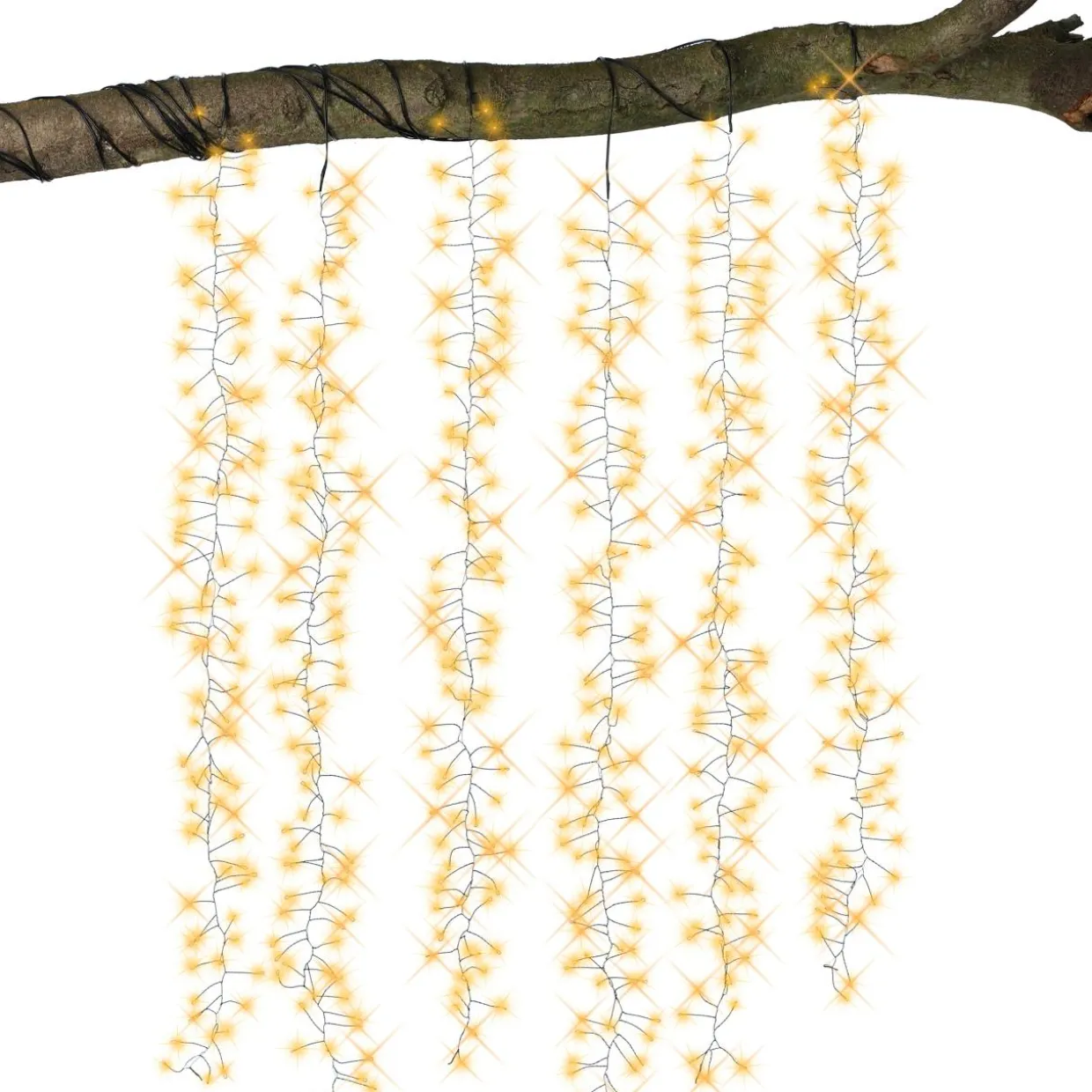 Cascade lumineuse 1 m 600 Micro LED câble noir 6 Descentes Blanc chaud doré