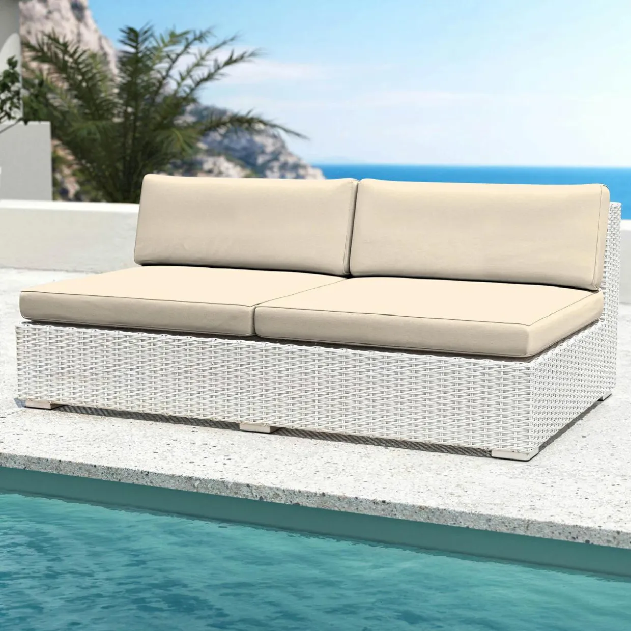 Chauffeuse de jardin en résine tressée 2 places Palma Blanc et beige
