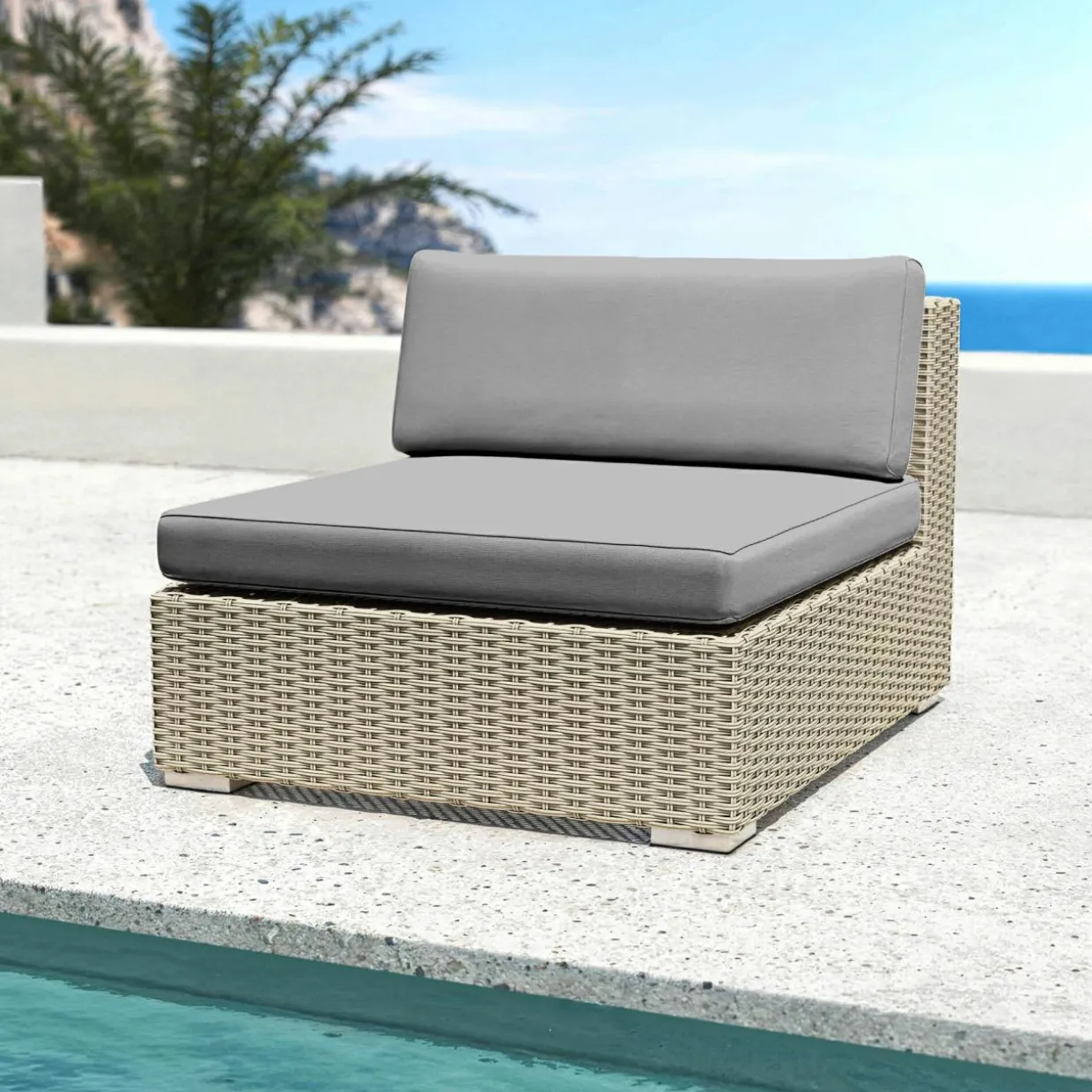 Chauffeuse de jardin en résine tressée Palma Gris et anthracite