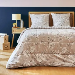 Couette imprimée et deux taies d'oreiller coton (200 x 200 cm) Lara Beige