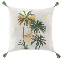 Coussin carré coton pompons (45 x 45 cm) Papeete Vert sauge