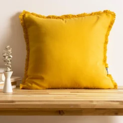 Coussin carré coton (45 x 45 cm) Pixel franges Jaune moutarde
