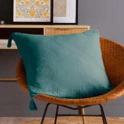 Coussin carré gaze de coton (60 x 60 cm) Gaïa Bleu canard