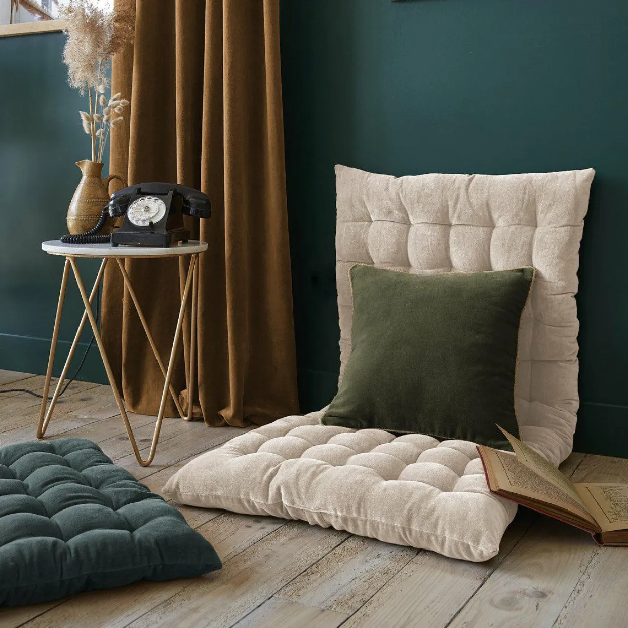 Coussin carré velours de coton (45 x 45 cm) Victor Vert thym