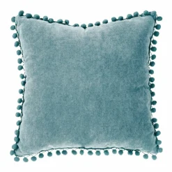 Coussin carré (40 x 40 cm) Pompons Bleu canard