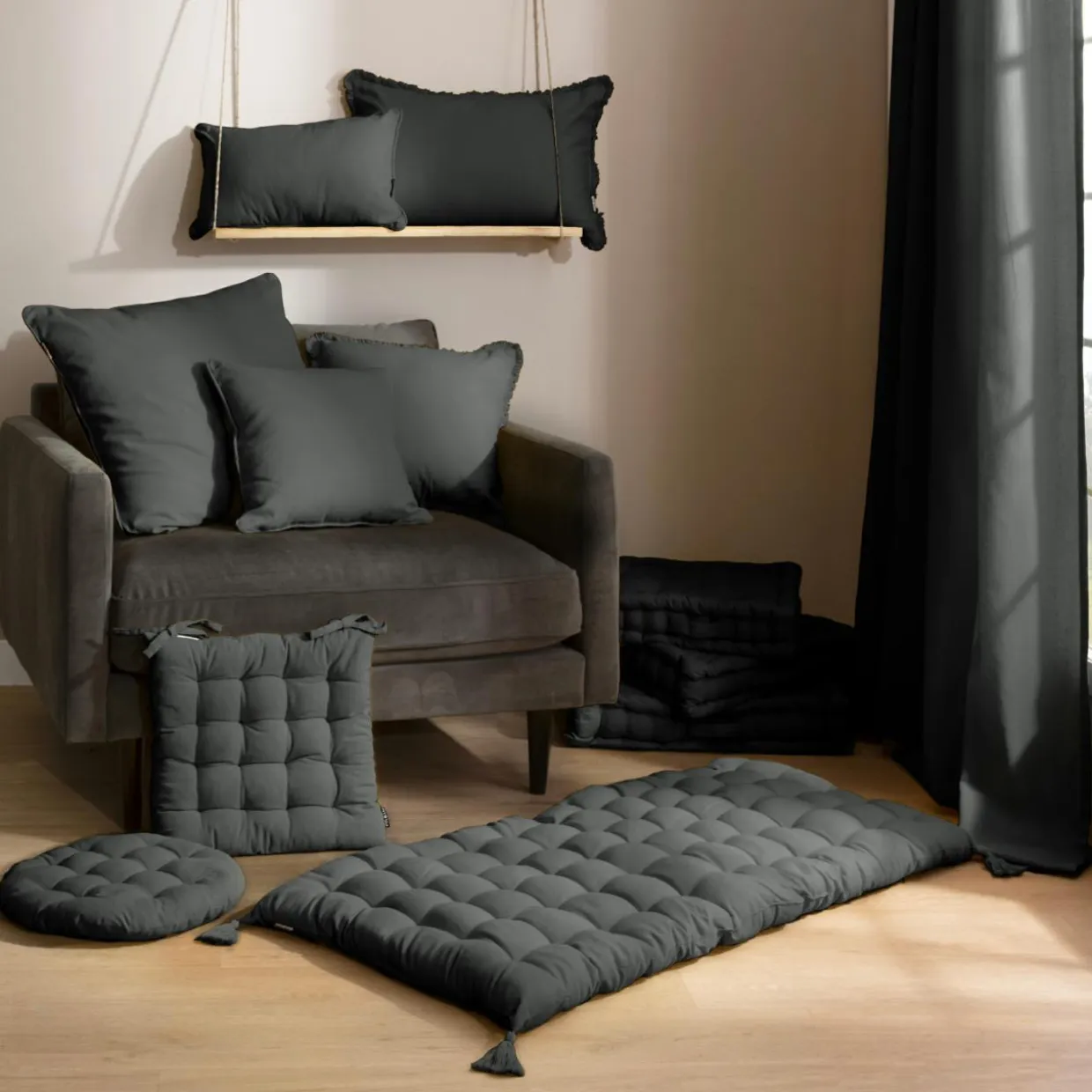 Coussin de chaise carré coton (40 x 40 cm) Pixel Gris anthracite