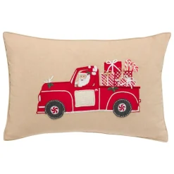 Coussin de Noël rectangulaire (59 x 39 cm) Voiture du Père Noël Rouge et beige