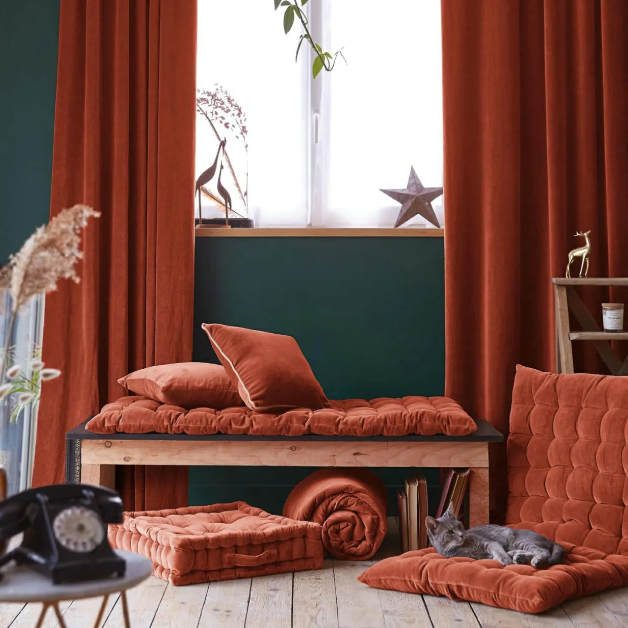 Coussin de sol carré velours de coton (50 x 50 cm) Victor Terracotta