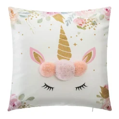 Coussin enfant carré (40 x 40 cm) Licorne Pompons Multicolore