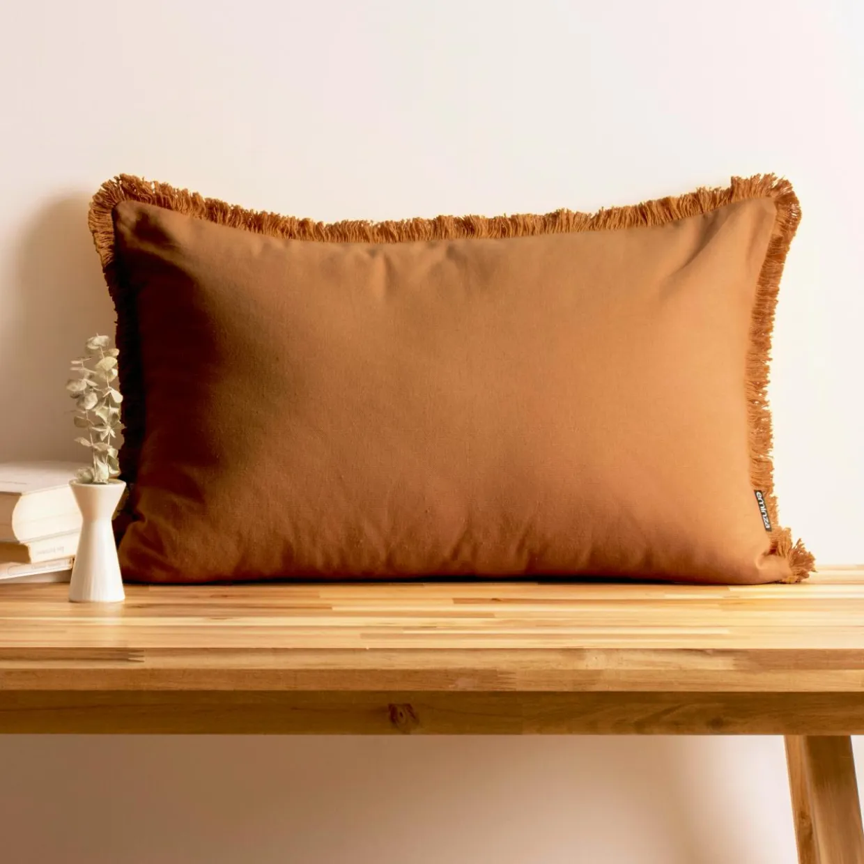 Coussin rectangulaire coton (40 x 60 cm) Pixel franges Camel