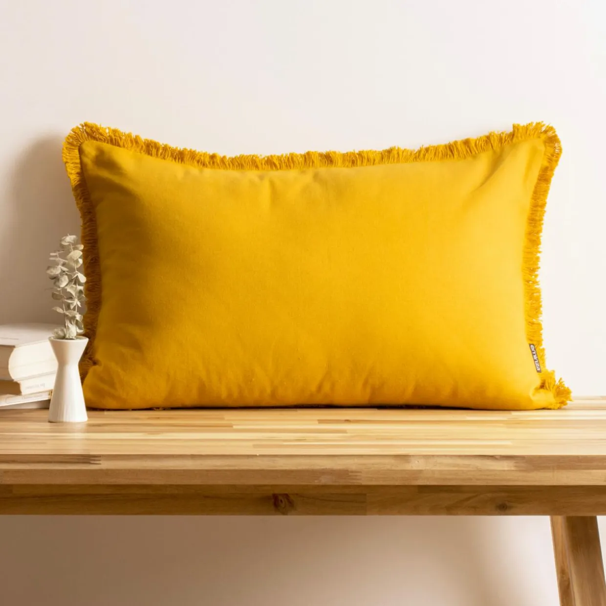 Coussin rectangulaire coton (40 x 60 cm) Pixel franges Jaune moutarde