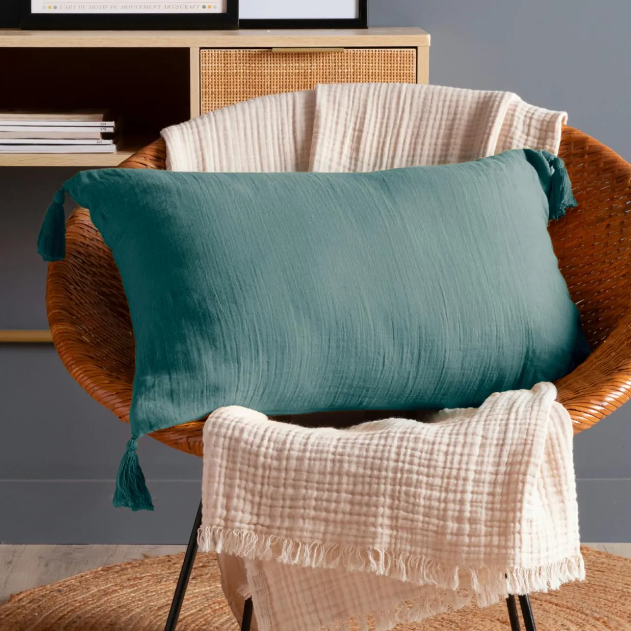 Coussin rectangulaire gaze de coton (40 x 60 cm) Gaïa Bleu canard