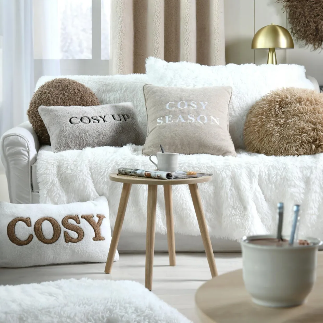 Coussin rond bouclette (40 cm) Cosylife Taupe