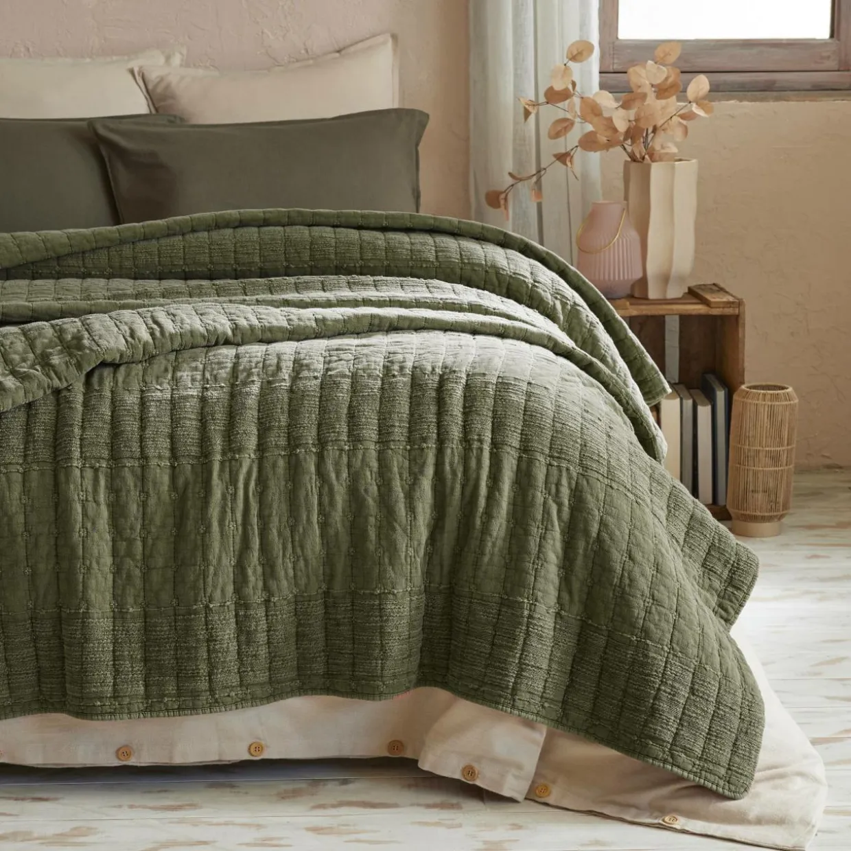 Couvre-lit coton matelassé (220 x 240 cm) Lena Vert romarin