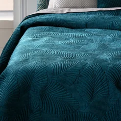 Couvre-lit (260 x 240 cm) Feuilles Bleu canard