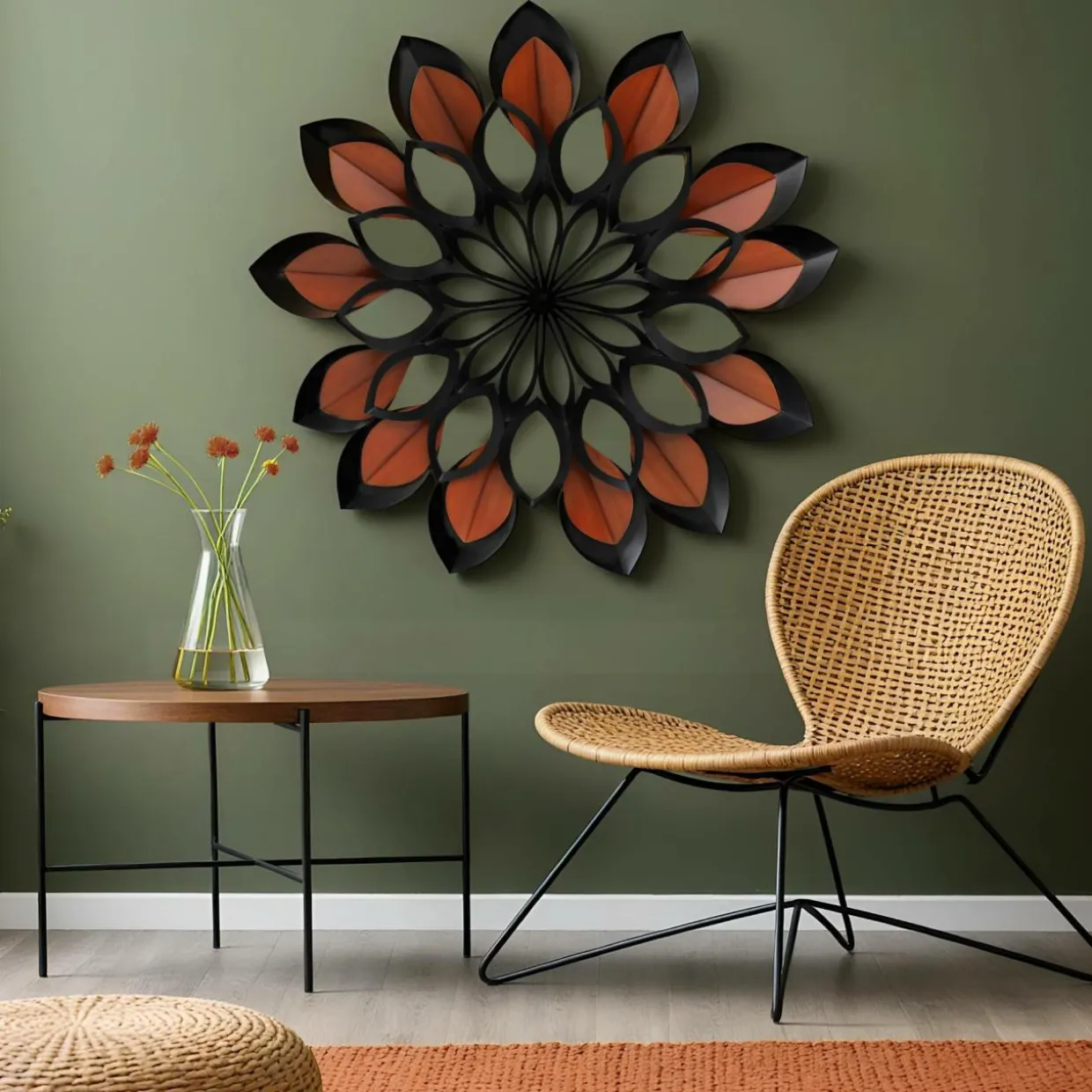 Décoration murale en métal (D91 cm) Fleur Noir et marron
