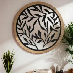 Décoration murale ronde en métal (D60 cm) Éclat de Feuille Noir