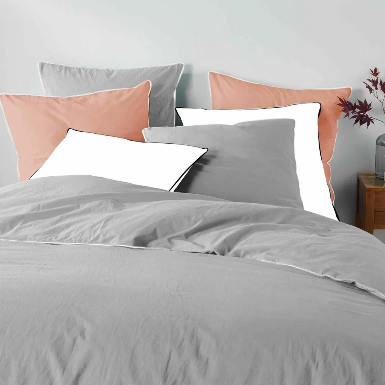 Drap housse coton lavé (140 x 190 cm) Linette Gris