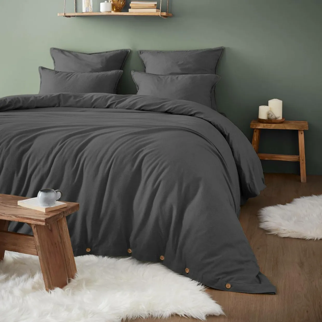 Drap housse flanelle de coton (140 x 200 cm) Nina Gris anthracite