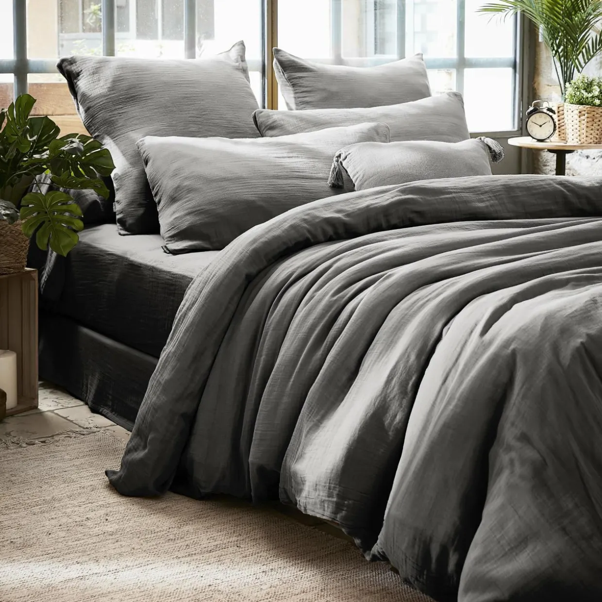Drap housse gaze de coton (140 x 200 cm) Gaïa Gris granit