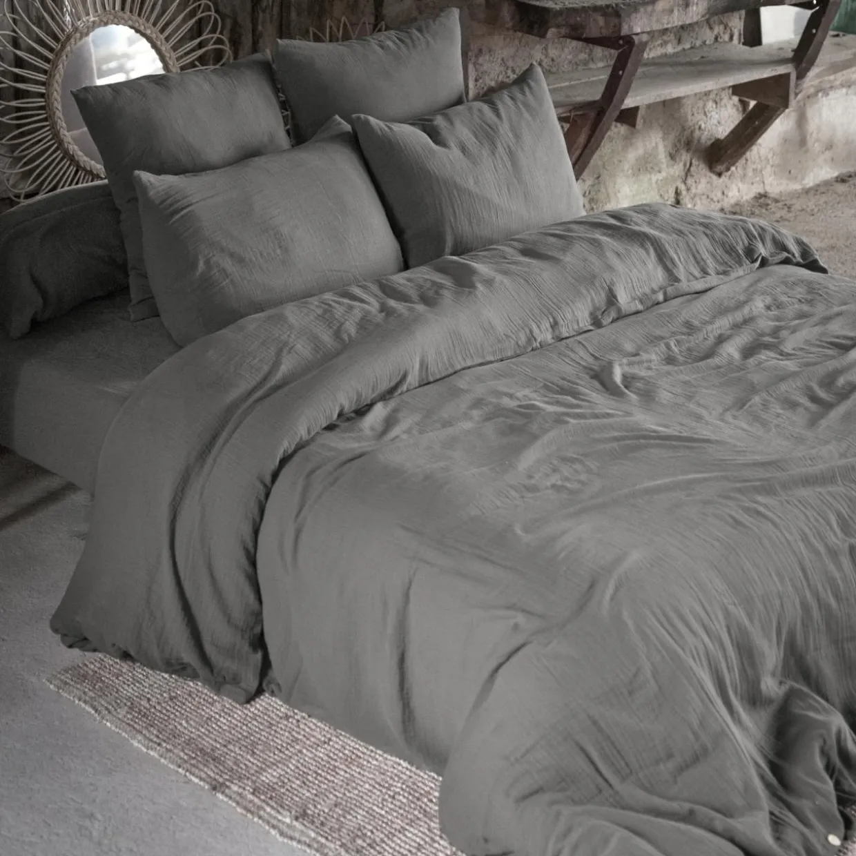 Drap housse gaze de coton (140 x 190 cm) Gaïa Gris granit