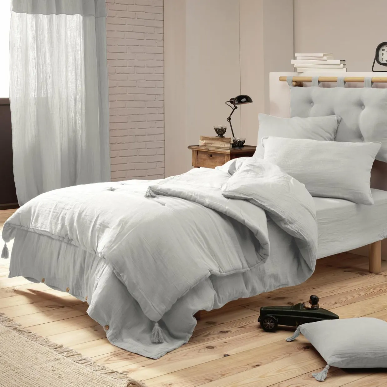 Drap housse gaze de coton (90 x 190 cm) Gaïa Gris nuage