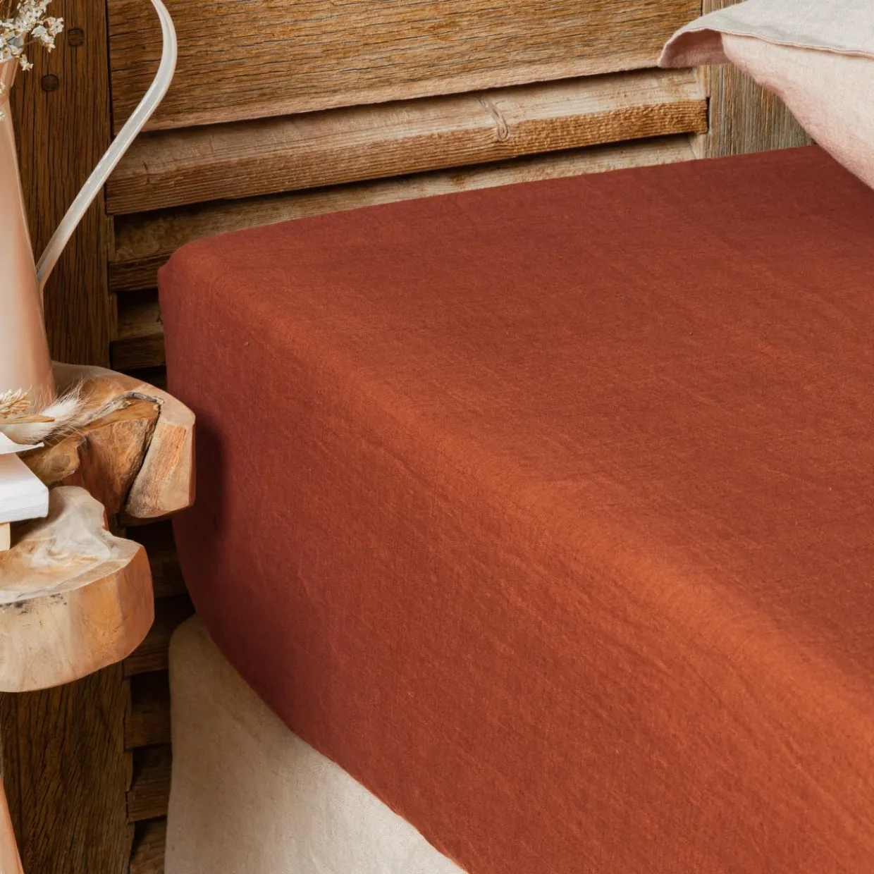 Drap housse lin lavé (180 x 200 cm) Louise Terracotta
