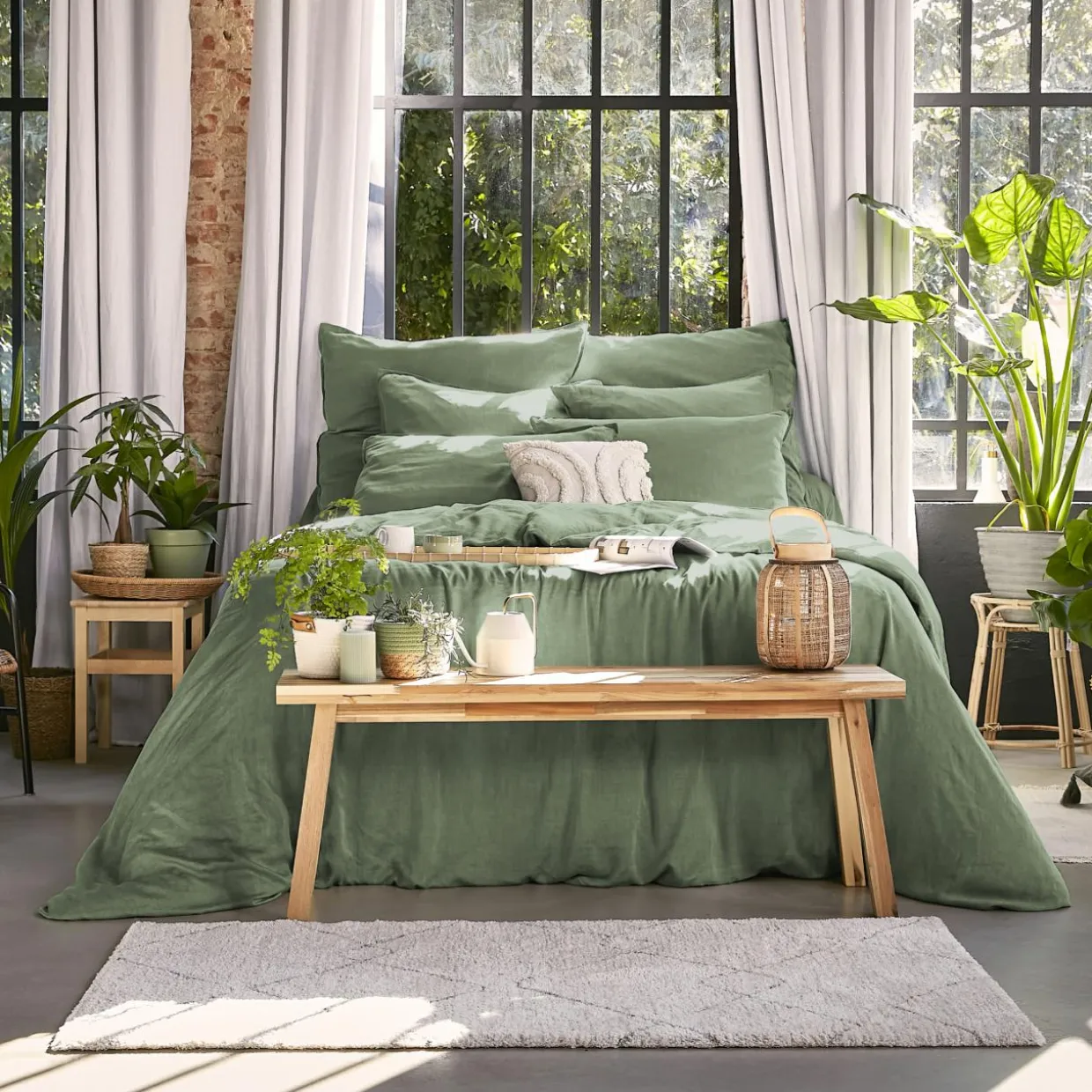 Drap housse lyocell Tencel™ lavé (200 x 200 cm) Olivia Vert romarin