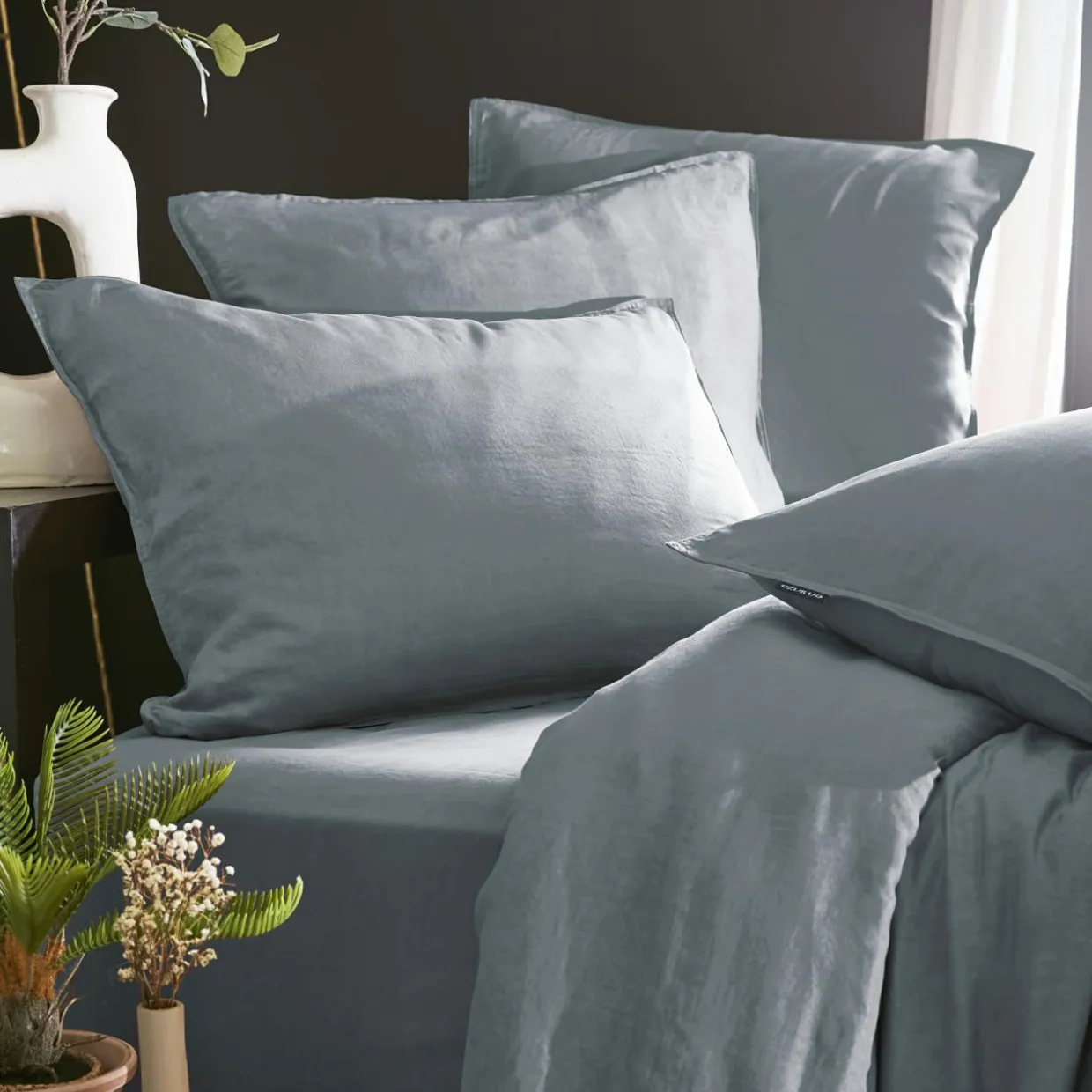 Drap housse lyocell Tencel™ lavé (180 x 200 cm) Olivia Bleu stone