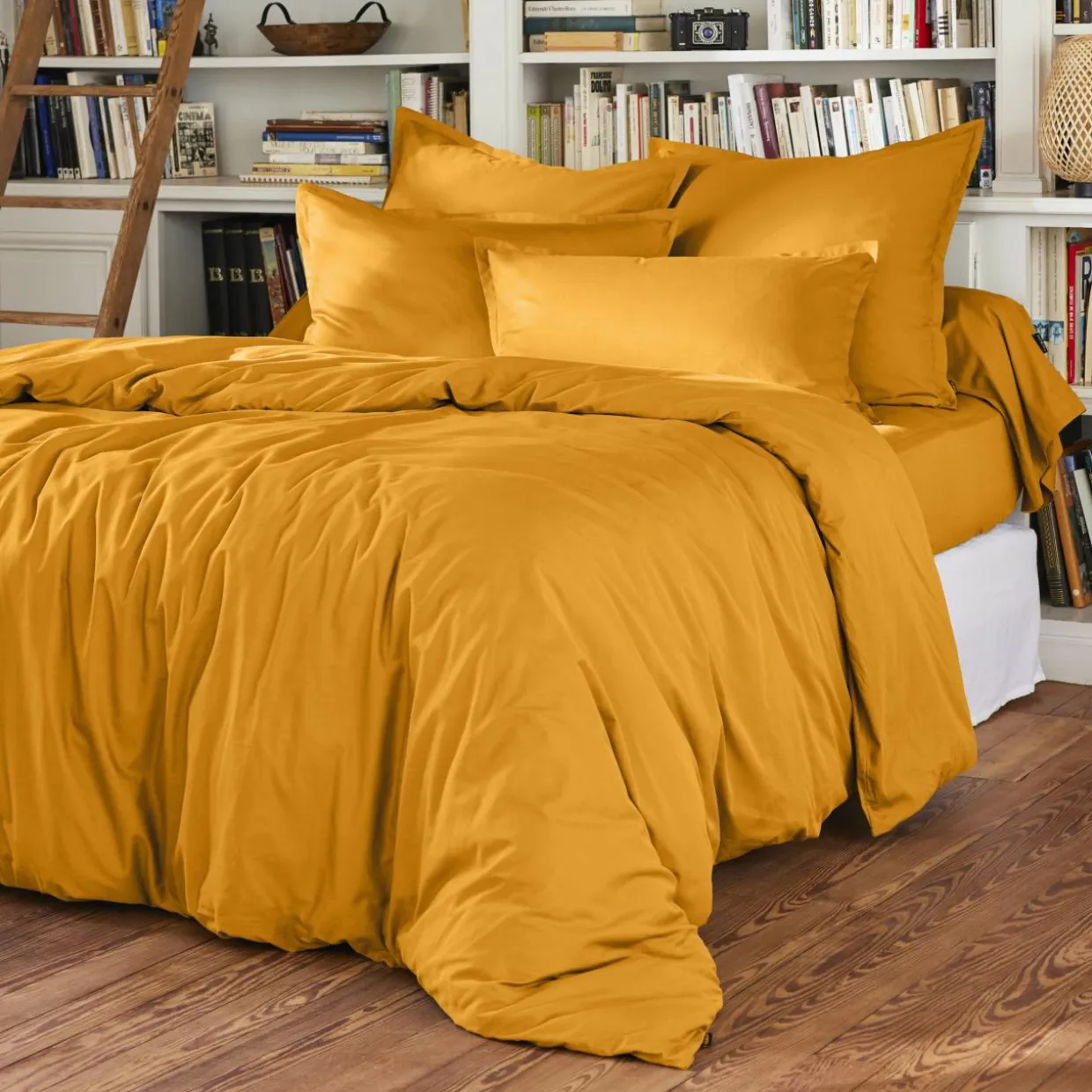 Drap housse percale de coton (160 x 200 cm) Cali Jaune moutarde