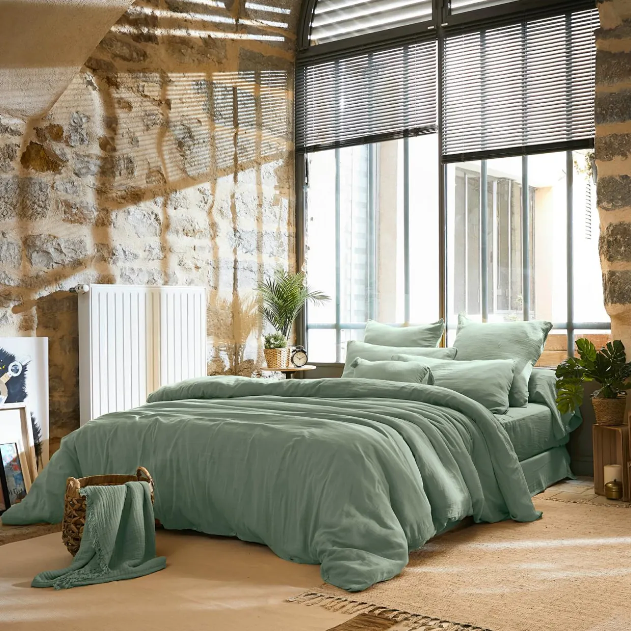 Drap plat gaze de coton (240 x 300 cm) Gaïa Vert eucalyptus