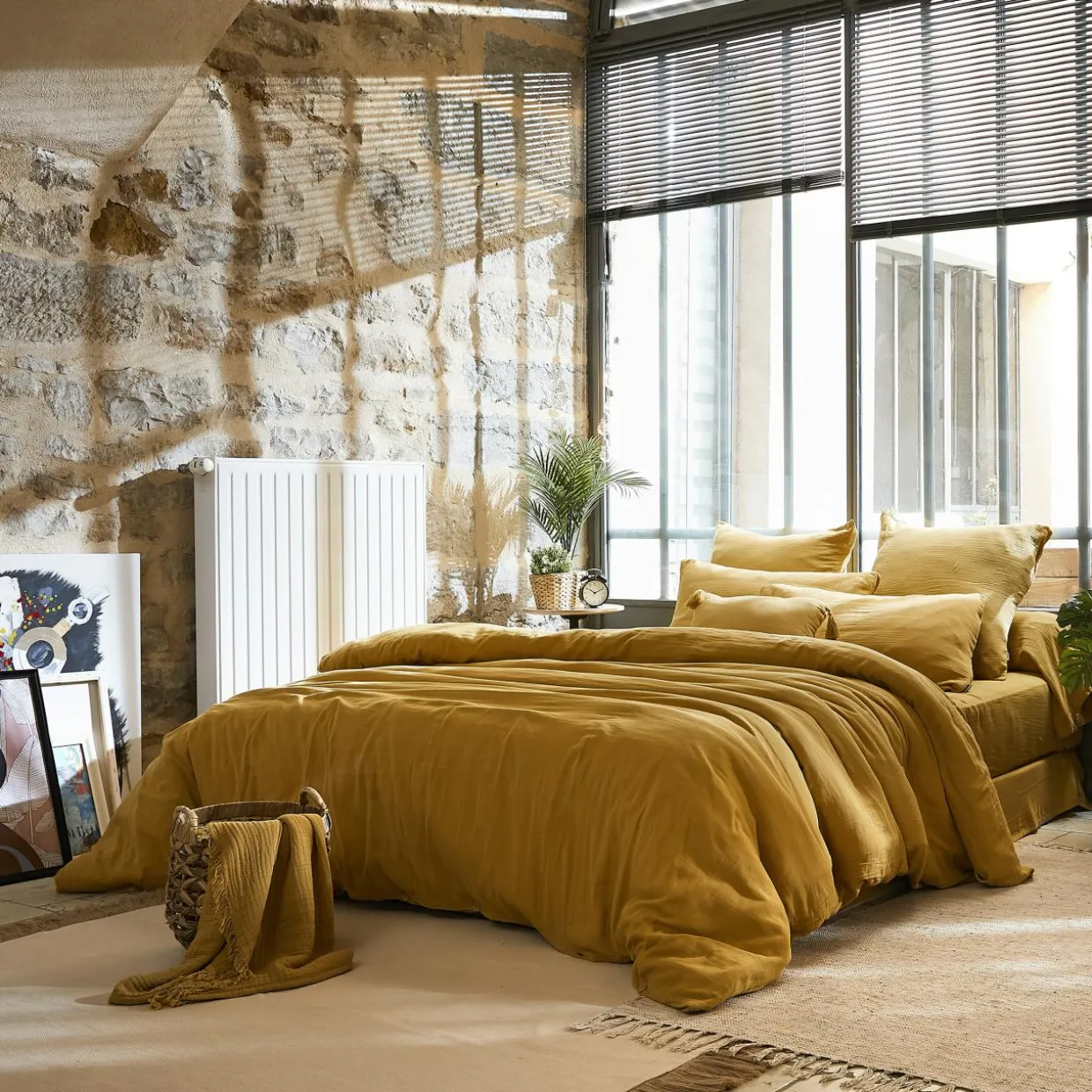Drap plat gaze de coton (240 x 300 cm) Gaïa Jaune safran