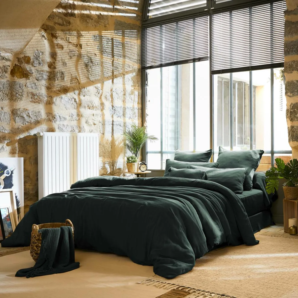 Drap plat gaze de coton (270 x 300 cm) Gaïa Vert sapin