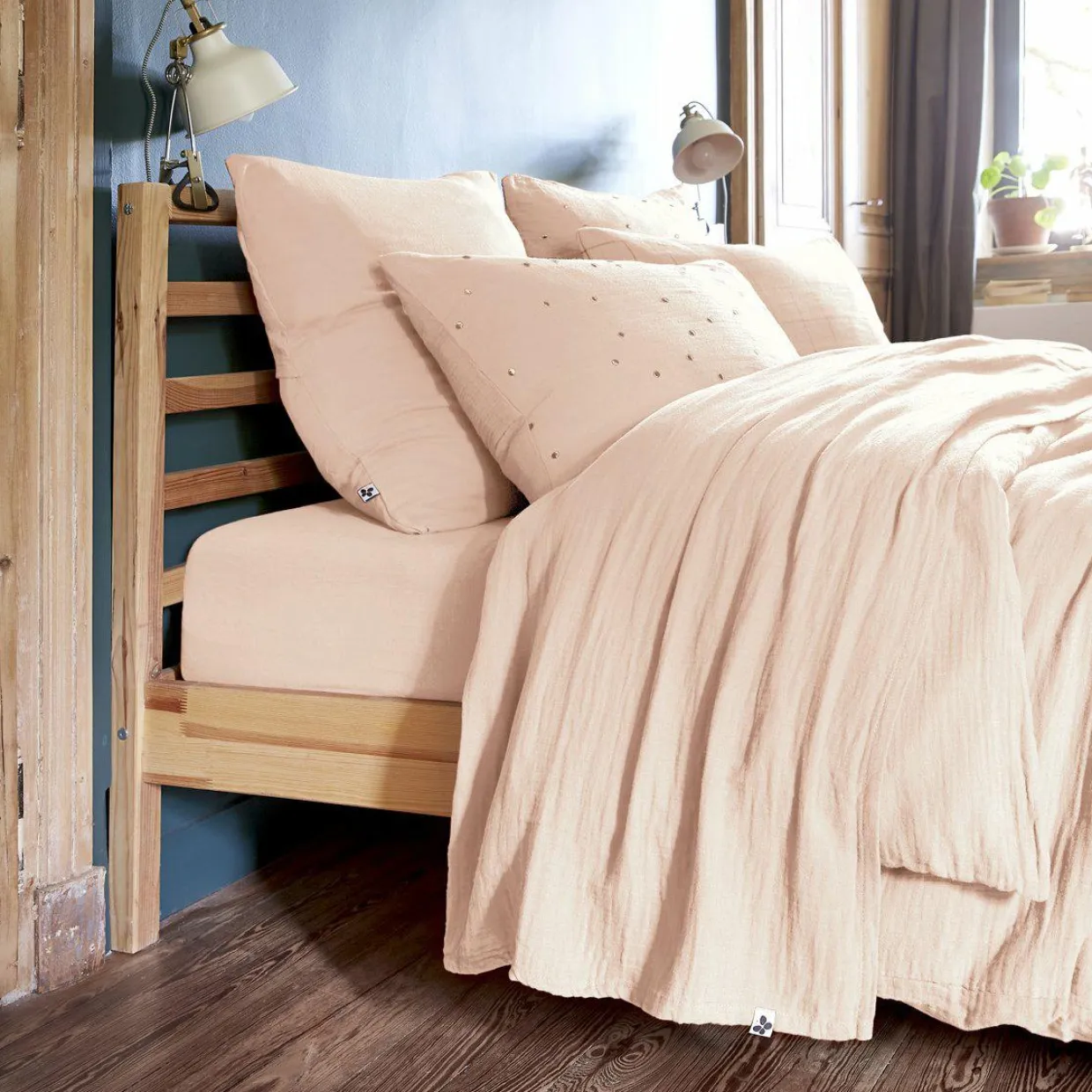 Drap plat gaze de coton (270 x 300 cm) Gaïa Rose poudré