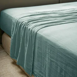 Drap plat gaze de coton (270 x 300 cm) Gaïa Bleu canard