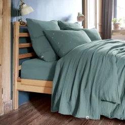 Drap plat gaze de coton (270 x 300 cm) Gaïa Bleu canard