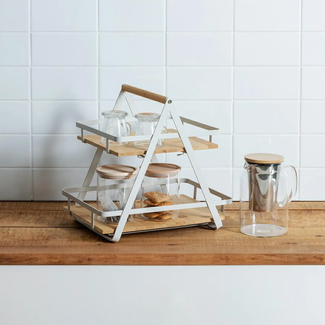 Etagère cuisine transportable en bois 2 niveaux avec anse (H29 cm) Ordera Blanche