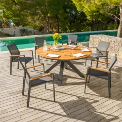 Fauteuil de jardin aluminium et bois teck empilable Bali Gris anthracite