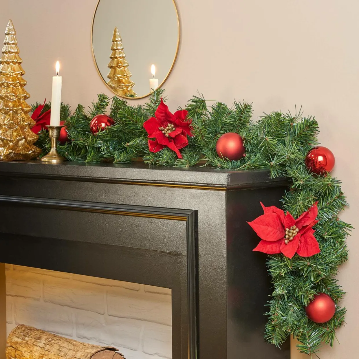 Guirlande de sapin (200 cm) Poinsettia luxe Rouge