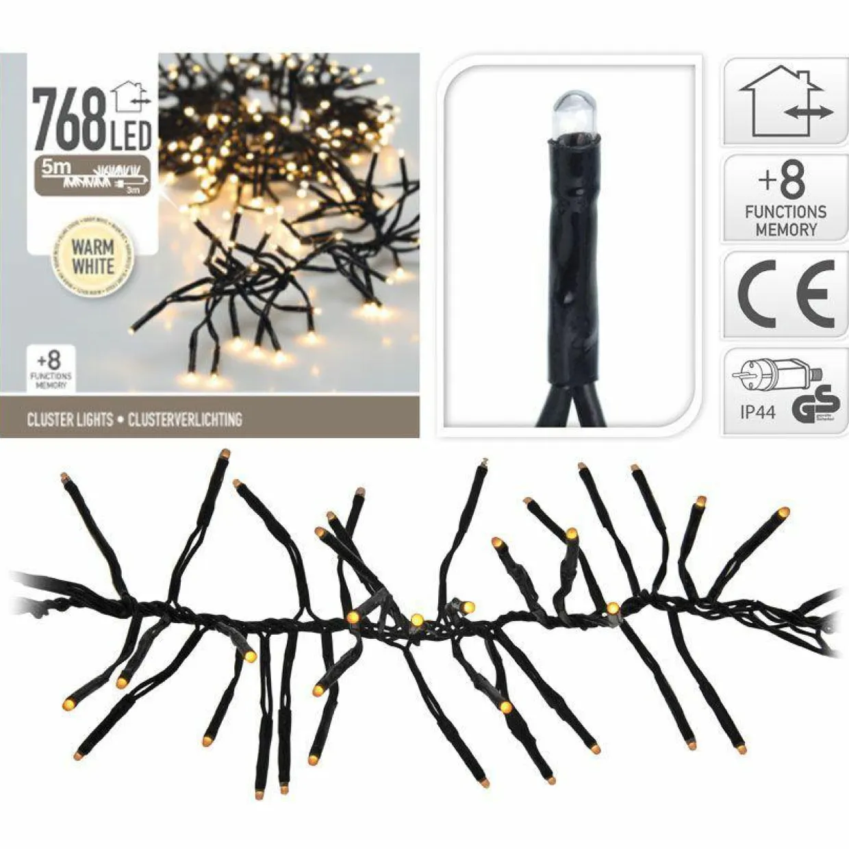 Guirlande lumineuse 5,60 m 768 LED câble noir Boa Blanc chaud