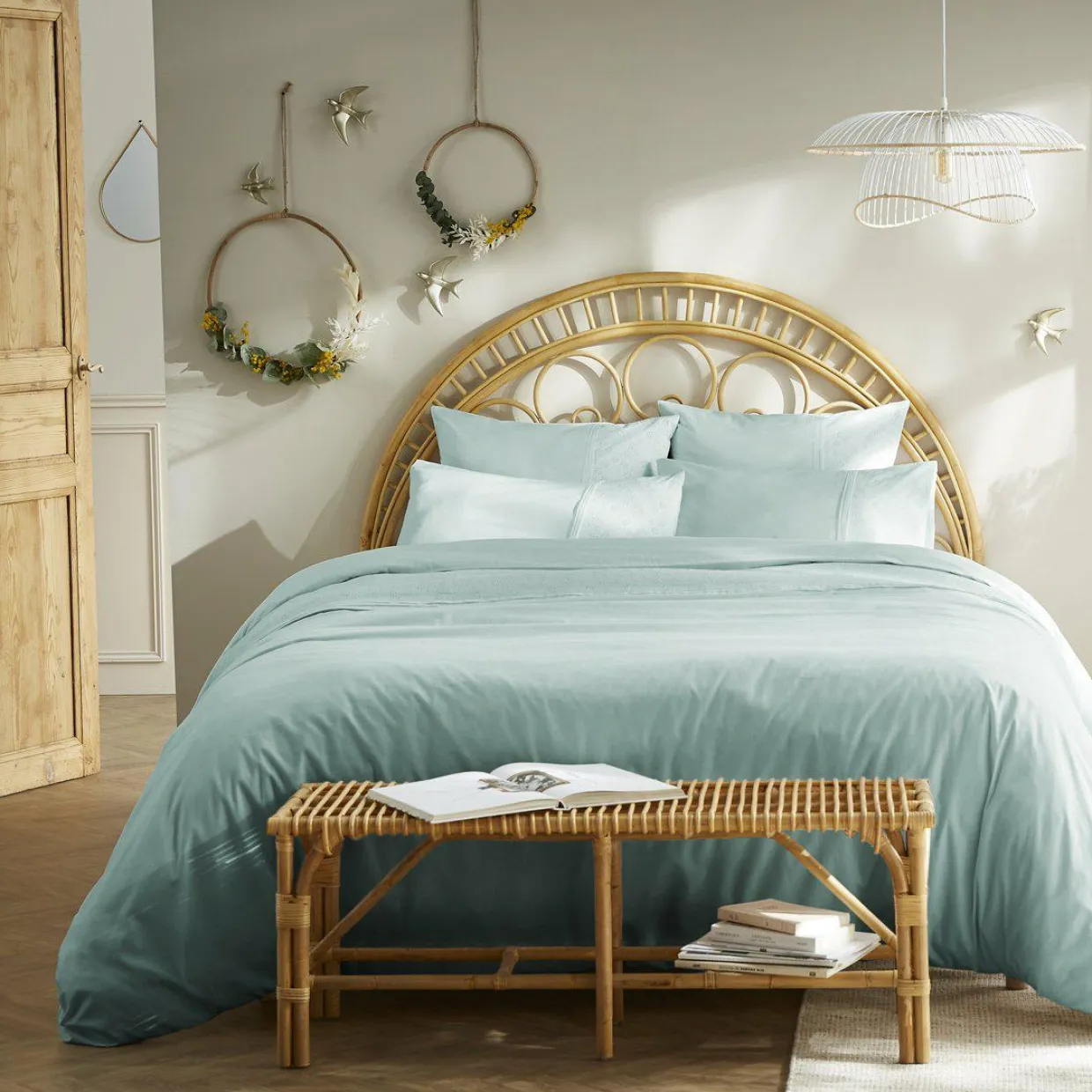 Housse de couette dentelle coton (260 x 240 cm) Jeanne Bleu clair